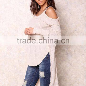 Popular High Quality Cold Beige Shoulder Knit Tops Sexy Off Asymmetric Sexy Party Sweaters photo-6