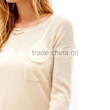 Clairvoyant Front Patch Pocket Rib Knit Cuff Crew Neck Slub Long Sleeve Knit Ladies Pullover photo-4