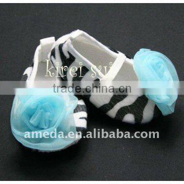 Baby Girl Zebra Crib Shoes with Turquoise Blue Rosettes 168A