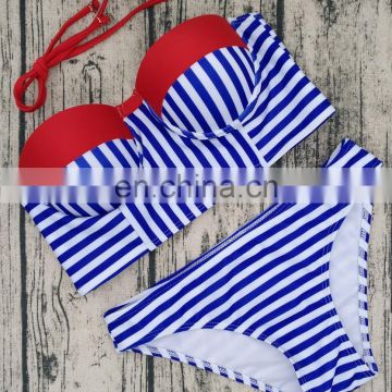 Push Up cups cutting sexy women bikini set strips blue beach swimwear bikini