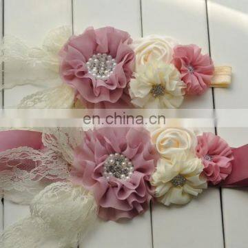 Spring Pink Floral Sash Belt Matching Headband Sets With Lace Bows Rhinestone Flower Sash Belt For Maternity