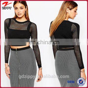 Black mesh long sleeve plain crop tops wholesale