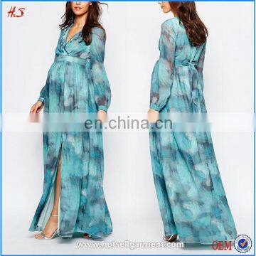 2016 best selling products elegant print wrap style long sleeve fashion new maternity clothes pakistani chiffon maxi dress