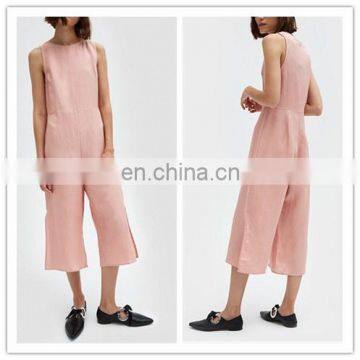 Summer Sleeveless Women Pink Linen Blend Jumpsuit And Romper