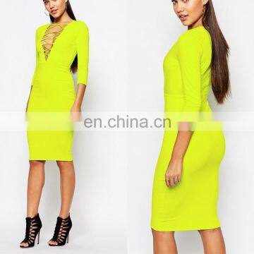 New Style Plus Size Plunge V -Neckline Lace Up Front Yellow Women Bodycon Midi Dress