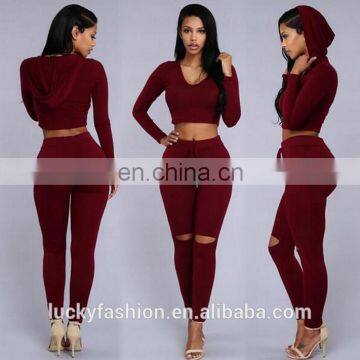 Fashion broken hole women two piece sweater long pant 2016 hot selling