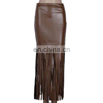 Women Party Wash Pu Leather Tassel sexy long skirt