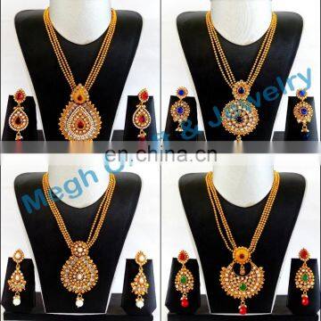 One Gram Gold Plating Long Necklace Set-Wholesale South Indian Bridal Necklace Set- South Indian Long Rani haar Necklace Set