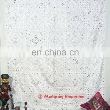 White Embroidery Mirror Work Bed Sheet King Size Indian Handmade Bedspreads Home Furnishing Royal Old work Bed cover decor art