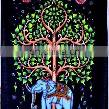 Elephant Tree of Life Batik Cotton Wall Hanging Yoga Bohemian Indian Bedding Ethnic art Wall Tapestry Hanging decorative table