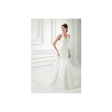 Halter Top Fit and Flare Taffeta Wedding Dresses With Pickups photo-5