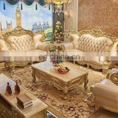 European Style Gold Color Leather sofa Classic Design Antique Living Room Sofa