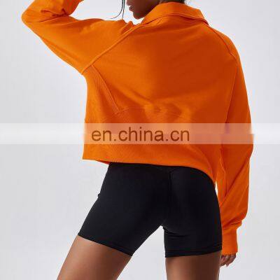 Factory Sale Half Zip Crop Pullover Womens Long Sleeve Stand Neck Hoodies With Pocket