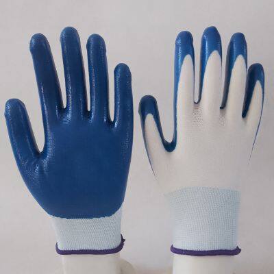 13 gauge white polyester knitted blue nitrile palm coated safety work gloves for workers