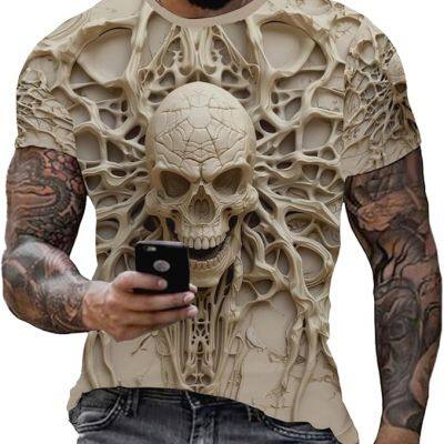 Skull Skeleton Print Personality Short Sleeve T-Shirt Novelty Pattern Vintage Funny Casual Shirt