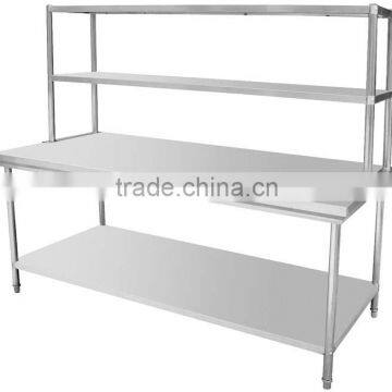 Stainless steel restaurant preparing table with top shelves