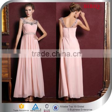 2015 Elegant Cap Sleeves Pleating Beaded Bridesmaid Dress Pink Chiffon