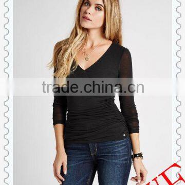 2014 new European-style Fashion women V neck tight blouse long sleeve base shirt