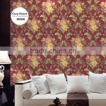 Popular Heavy Embossed Pvc Coated Wallpaper, Brown Retro Damask Wall Sticker for Hotel , Peelable Wall Mural Distributor