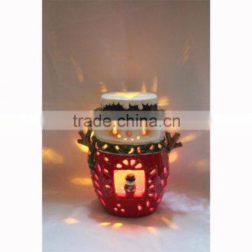 Christmas Ceramic Hand Painted Snowman & Xmas Tree Tea Light Candle Holder