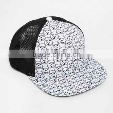 Wholesale 100% Cotton Printed Mesh Trucker Hat/Cap, 5-Panel Flat Bill Mesh Baseball Hat