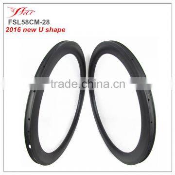 2016 New arrival ! Racing carbon clincher rim 58mm aero U shape, 16H-32H customized spoke holes carbon rims from Xiamen China