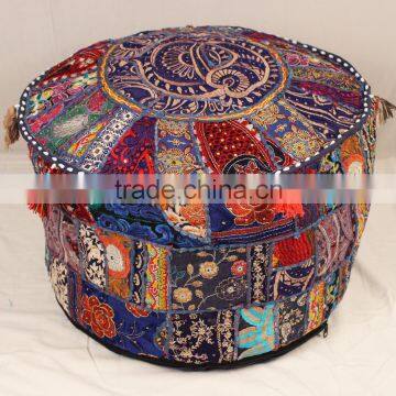 Blue Vintage Sari Fabric Round Ottoman Cover Bohemian Footstool Gypsy Antique Pouffe Cushion photo-4