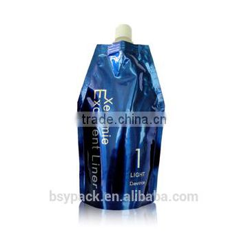 Custom shaped stand up liquid pouch with spout