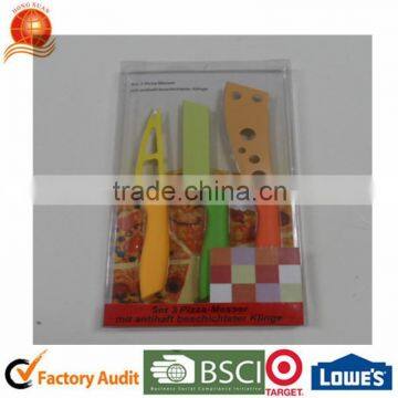 3pcs samll colorful Non-stick stainess steel knife with PP handle in a PVC box for pizza and cheese