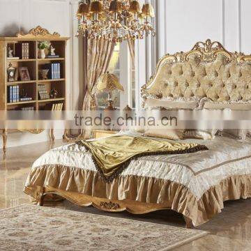 Antique Classic Upholstery Bed Set, Luxury Button Tufted Queen Bed With Gold Painting, Wood Carving Bedroom Furniture Set