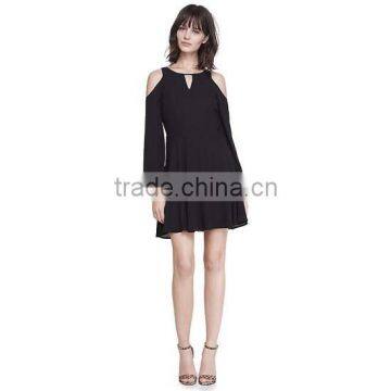 Long Sleeve Women Black Cold Shoulder Chiffon Keyhole Fitt and Flare Dress