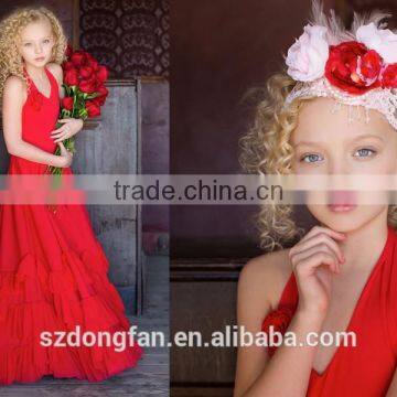 2017 New Arrive Little Girls Christmas Party Red Ruffle Twril Dress Pexi Girls Maxi Dresses