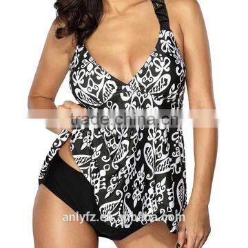 Womens Summer Patchwork Printed Open Back Tankini Top Set Swimsuit Swimwear