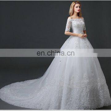 HS1629 2017 Luxury Off-shoulder Long Train Lace Appliqued Puffy Wedding Gowns photo-6