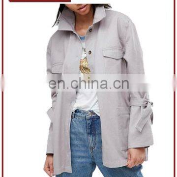 Factory OEM Women Lightweight Cotton Jacket With Tie Sleeve Detail