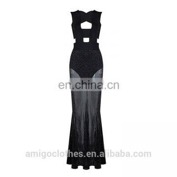 Amigo Celebrity Black Sleeveless Hollow Out Sliver Tulle Mermaid Maxi Bandage Dress for Taller Ladis photo-2