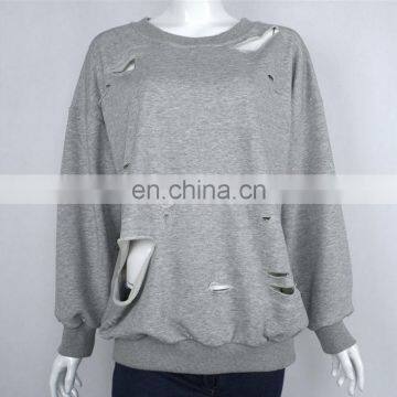 Ladies Sweatshirts Hole Cut Out Distressed Batwing Sleeve Sweater Sweatshirt photo-2