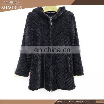 Hot Sale Real Fur Coat Elegant Hooded Black Knitted Mink Fur Coat