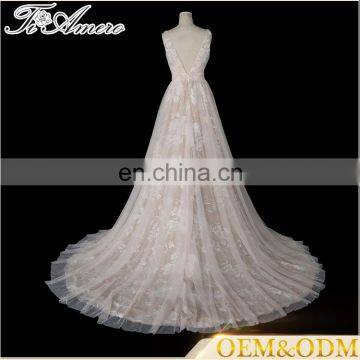 Tiamero Peach Color Party Wine Deep V Backless Wedding Gowns Evening Dress Ball