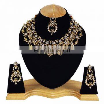 Designer Gold Plated Bollywood Party wear Kundan Zerconic Jewelry Necklace Set Black Color