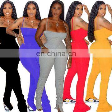 2021 Sexy Bodycon Ruched Pleated Jumpsuit Women Skinny stacked Flare pants Club Outfits Strap Ripped Rompers Playsuit