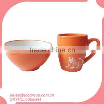 2pcs orange colored ceramic mug and bowl set