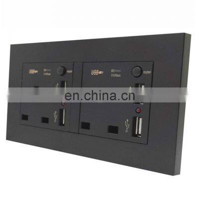 146 UK Wall Power Socket Outlet, 13A British Standard PC Panel Dual USB Plug Black Socket, AC110-250v