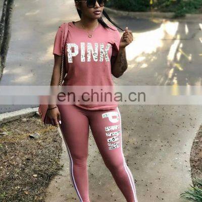 Custom Pink Letter Print Sweatsuit Women Set Plus Size Set Short Sleeve Tops Skinny Pant Tracksuit Fall Casual 2 Piece Set photo-4