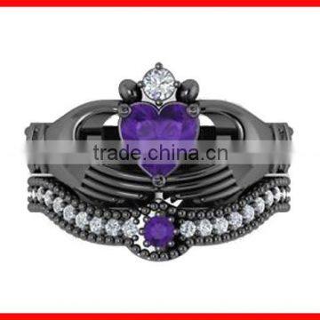 2016 New arrive black gold purple cubic zirconia irish claddagh ring wholesale