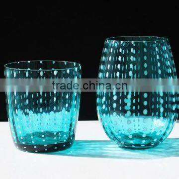 Hand Blown Crafted Drinking Color Glass Cup with White Dots