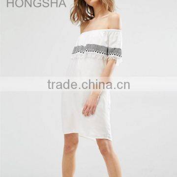 Latest Designs Off The Shoulder Machine Embroidery Tassle Dress HSD2367 photo-2