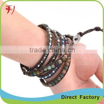 Blue Turquiose And Glow Glitterings 5 Wrap On Dark Blue Real Leather Bracelet photo-5