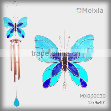 MX060030 wholesale wind chime with tiffany style stained glass butterfly craft decoration top and metal wind chime pipe