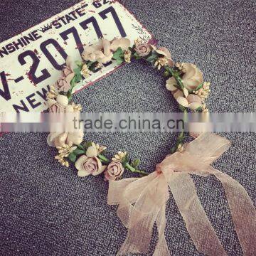 Artificial Flower Head Wreath With Long Organza Ribbon,Blossom Flower Hair Adornment,Boho Beach Hair Wreath